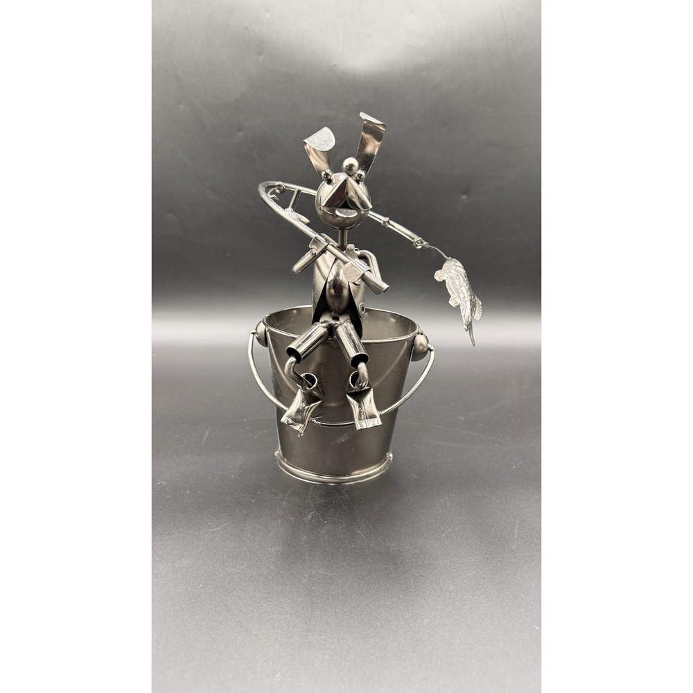 Handmade Metal Fishing Dog Rabbit Sculpture Bucket Pen Holder Industrial Art